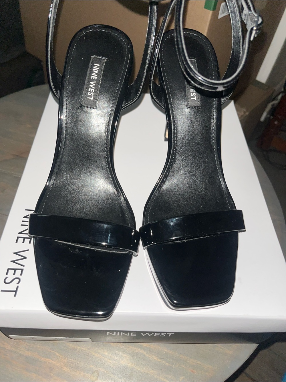 Nine West Black Patent Square-Toe Ankle-Strap Heels